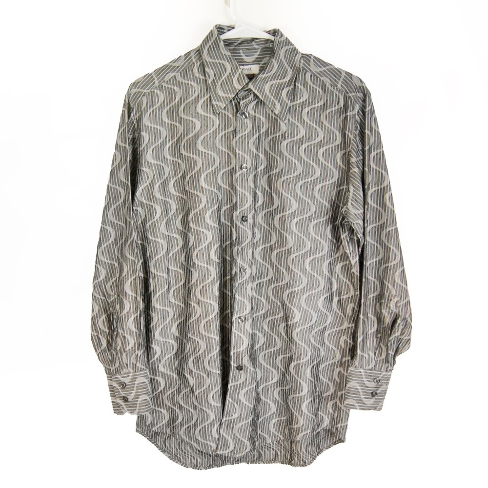 Versace Grey Metallic Stripe Wave Satin Button Up Long Sleeve Dress Shirt Top